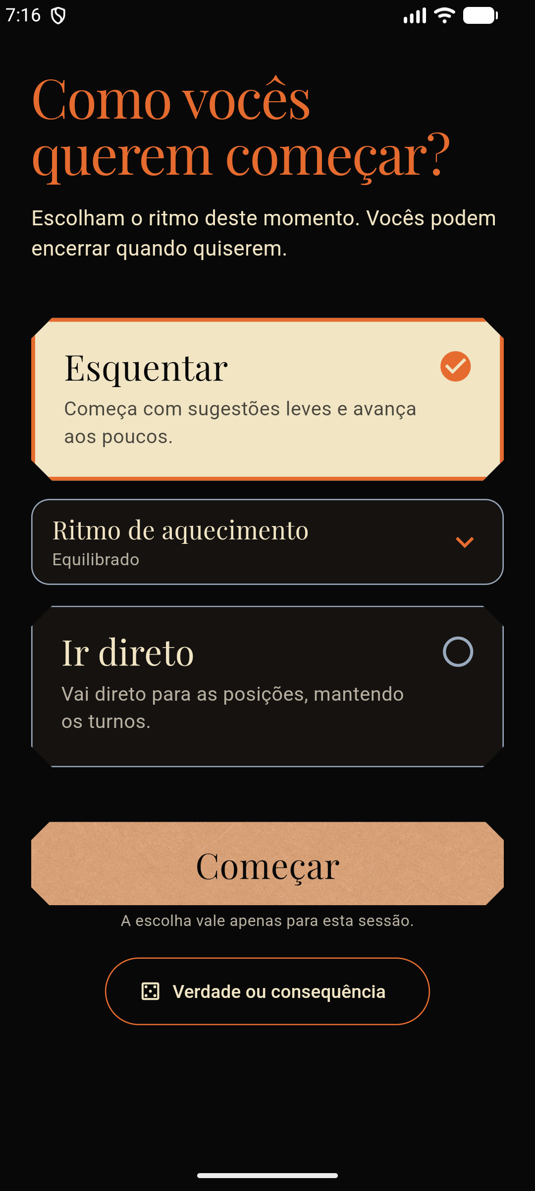 Tela real do Fireheart com o modo Esquentar selecionado